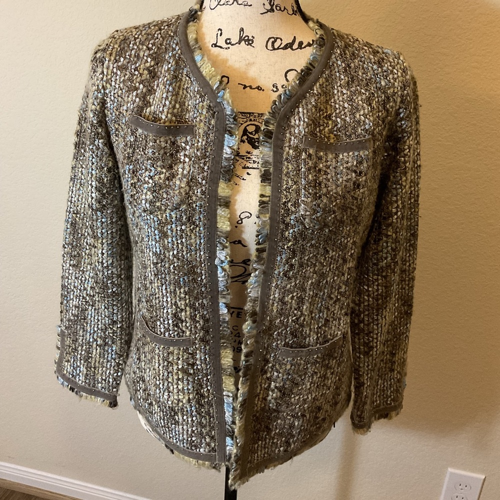 Sigrid Olsen Womens Brown Blue Chevron Long Sleeve Open Front Jacket Size Small